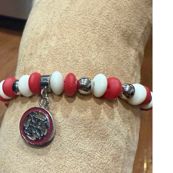 Rustic Cuff Red, White , & Silver Beads Stretch Bracelet Stackable logo charm - Picture 5 of 12